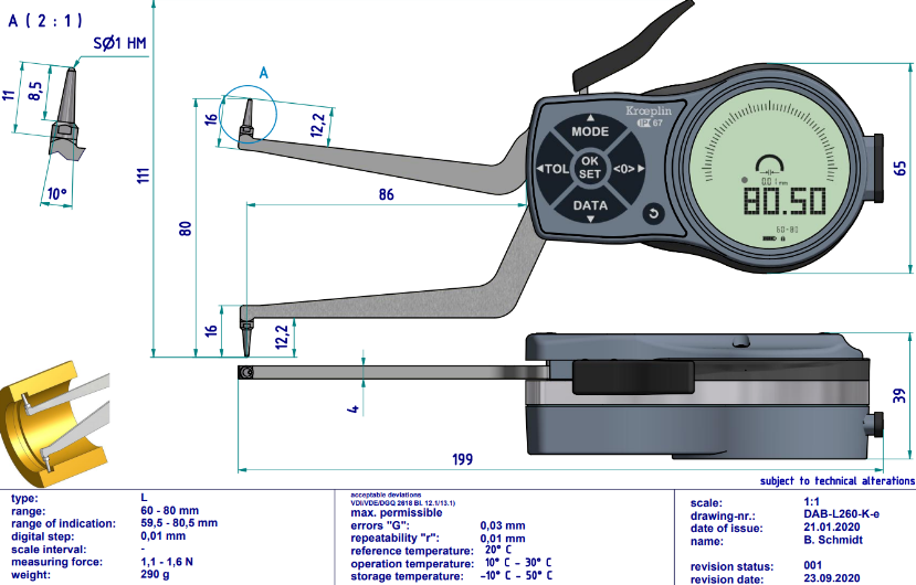 Kroeplin Dijital İç Çap Kanal Komparatörü '60-80 mm' | L260 Resim-2